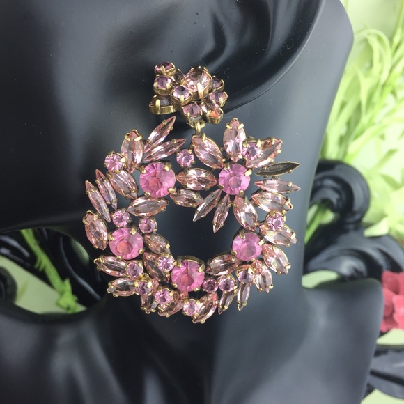 J. Crew Gold Toned Pink Jeweled Statement Earrings - Picture 2 of 7
